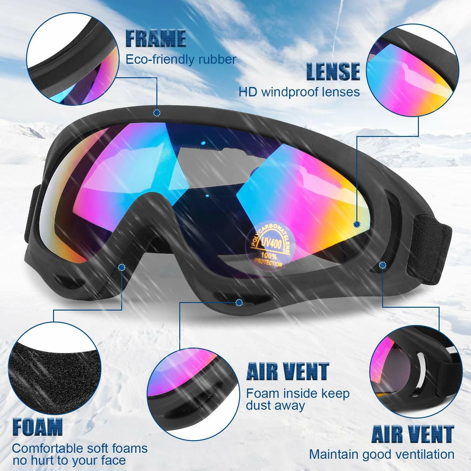 Adults Winter Snow Sports Goggles Ski Snowmobile Snowboard Skate Glasses Eyewear